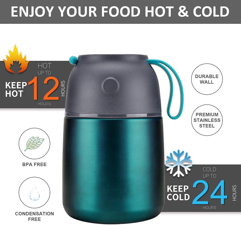 Insulated Thermo Food Jar for Hot & Cold Food for Kids Adult, 17 oz Soup Thermal Hot Food Containers for Lunch, Triple Layer Insulation Stainless Steel Food Jar with Spoon (Green)