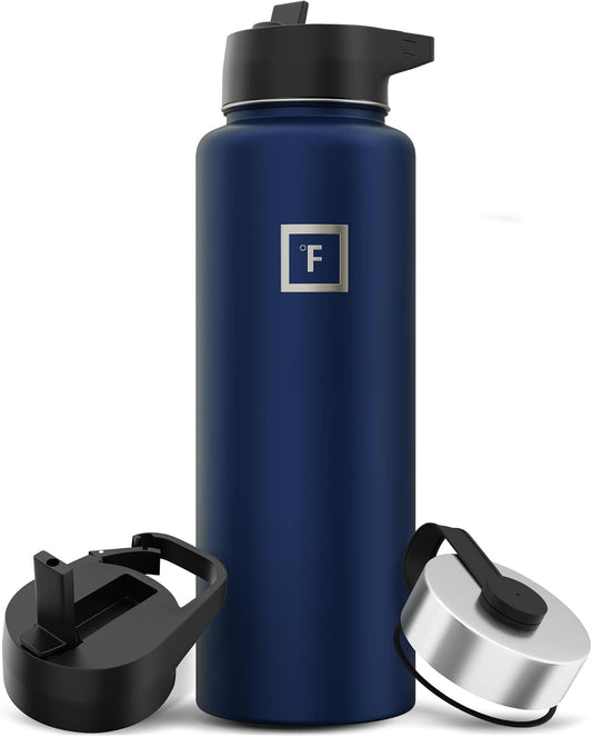 IRON °FLASK Camping & Hiking Hydration Flask with 3 Lids - Stainless Steel, Double Walled & Vacuum Insulated Water Bottle - Leak Proof & BPA Free (Twilight Blue, Straw - 40 oz)