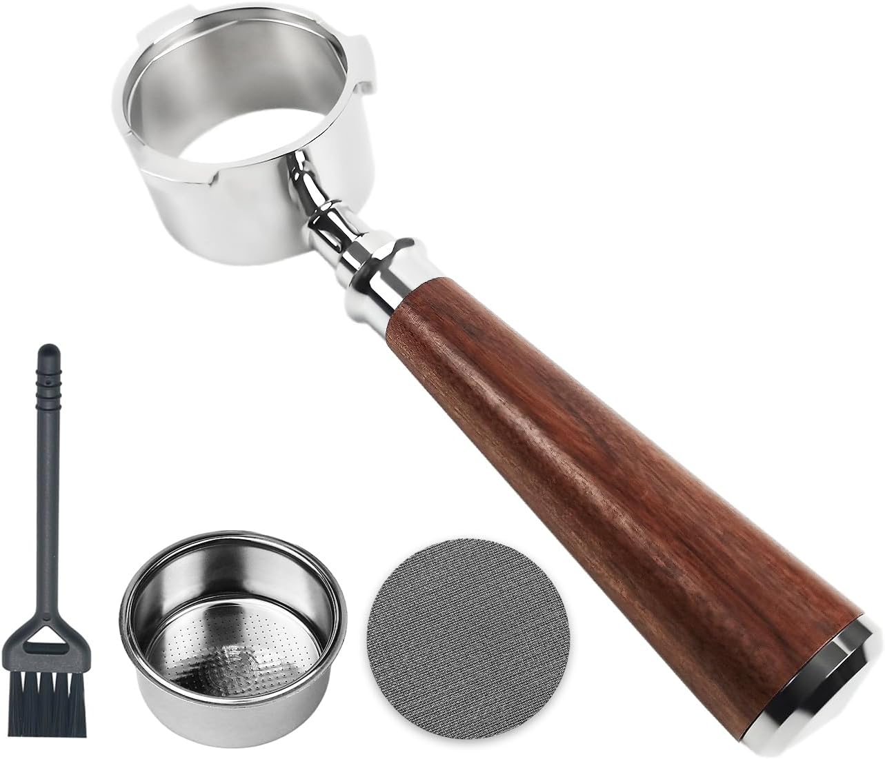 54mm Bottomless Portafilter 3 Ears Stainless Steel Espresso Portafilter Compatible with Puck Screen,Brush and Sandalwood Handle