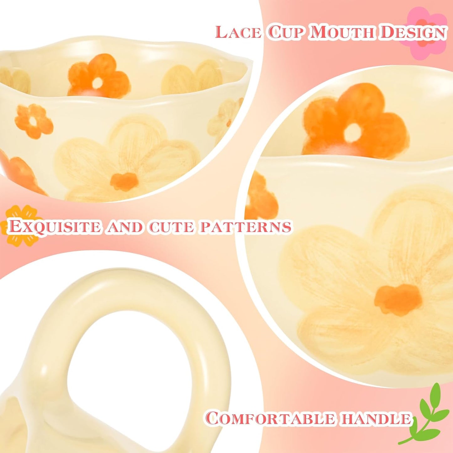 Ceramic Coffee Mug Set of 2 Vintage Flower Mugs 8 oz Cute Floral Coffee Mugs Irregular Latte Art Cup Lead-free Porcelain Cups for Cappuccino, Cocoa (Pink Cherry and Orange Flower)