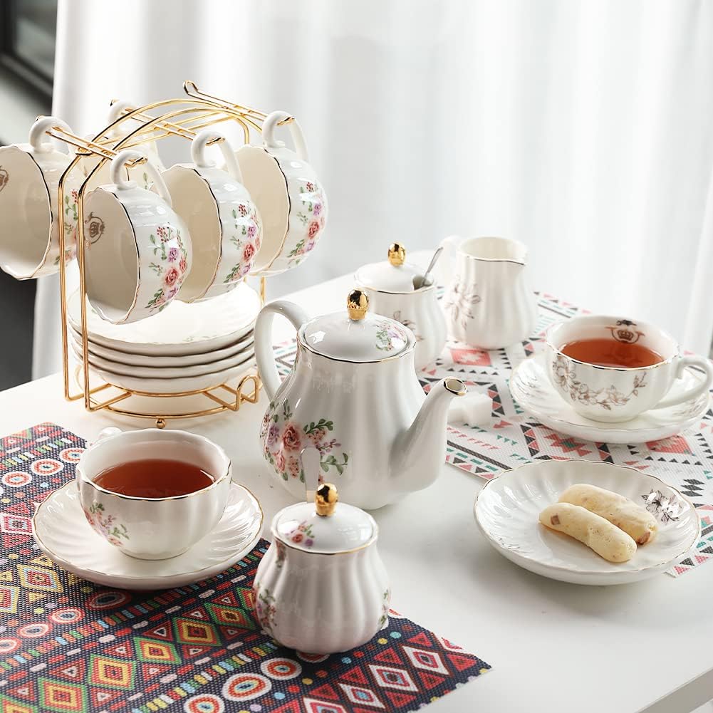 Porcelain Tea Sets British Royal Series, 8 OZ Cups & Saucer Service for 6, with Teapot Sugar Bowl Cream Pitcher Teaspoons and Tea Strainer, Suitable for High Tea, Wedding, Party（Morning glory）