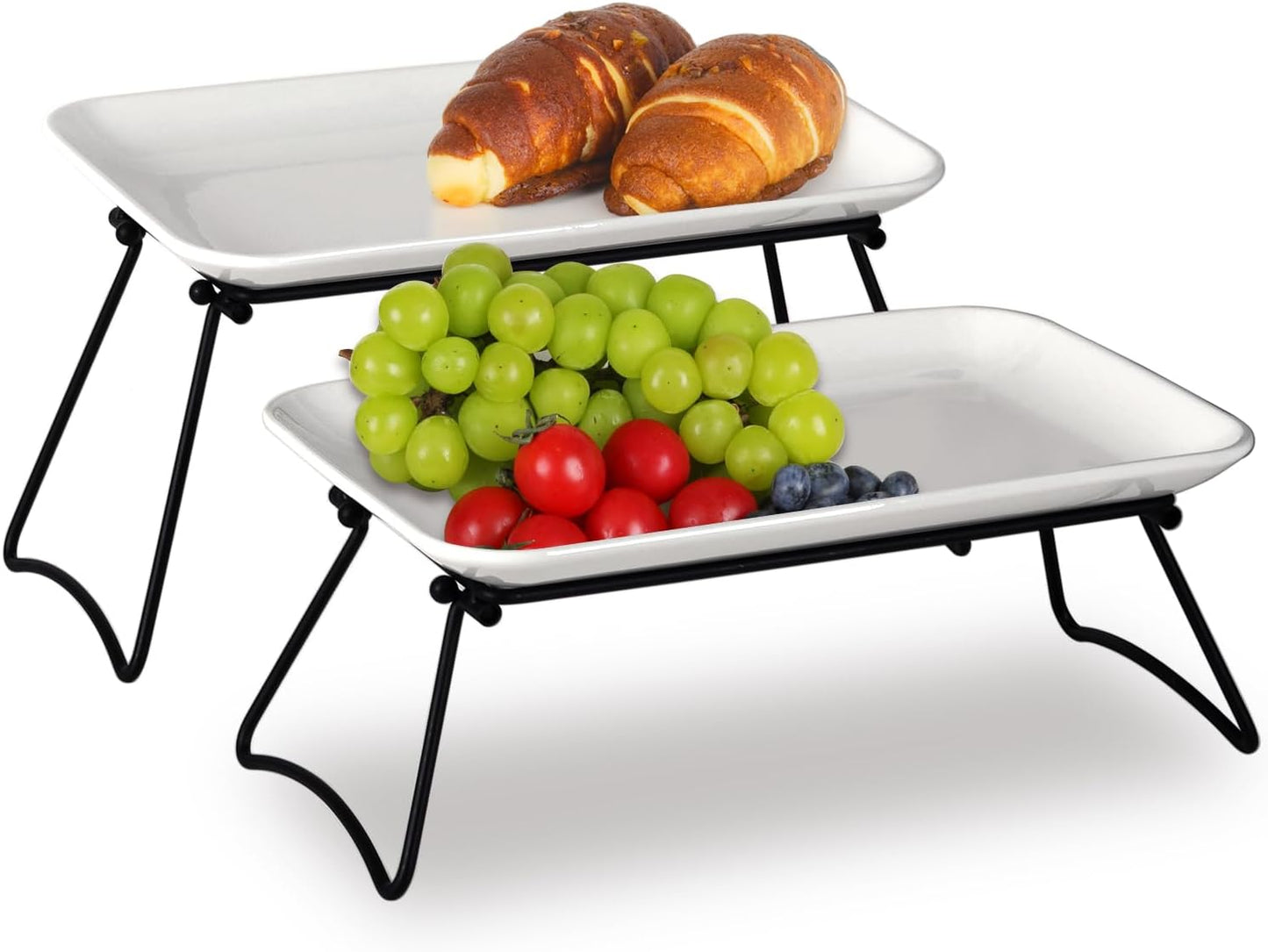 HAPPY KIT 12 Inch 2 Tier Serving Tray,Tiered Tray Stand with Freely Combinable Rack,Serving Platter for Appetizer Steak Chips Dessert, Black