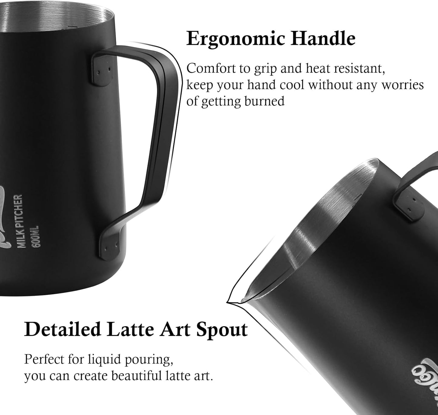 600ML Milk Frothing Pitcher - SUS304 Stainless Steel Latte Art Coffee Jug – Barista-Grade Milk Frother Cup with Precision Spout, Measurement Markings & Ergonomic Handle for Home & Café