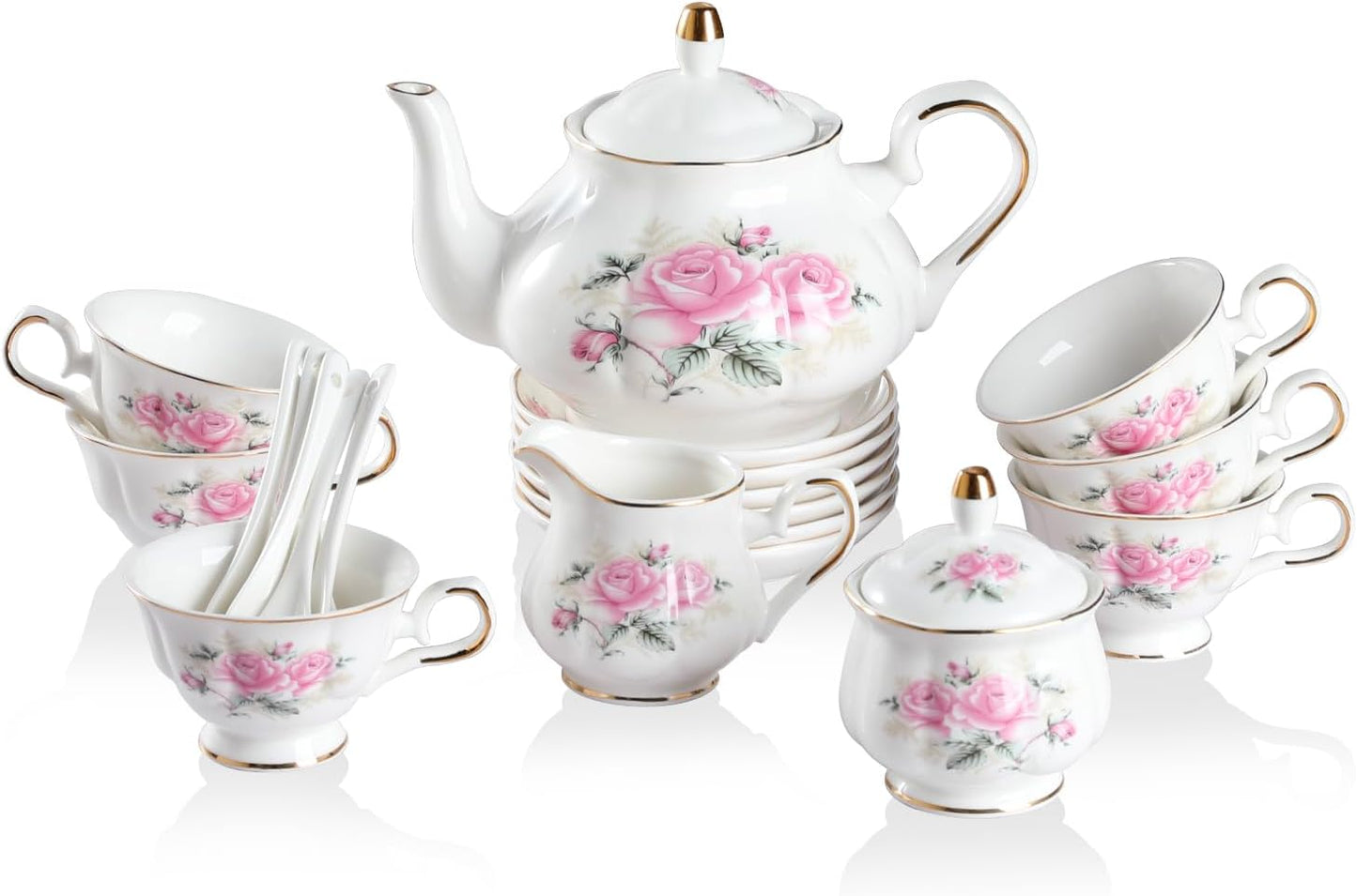 Sweejar Porcelain Tea Sets, Vintage British Floral Relief Gold Rimmed Teapot Cup and Saucer Set, Tea Set Service for 6, with Teapot, Sugar Bowl, Milk Jug, Spoons, Tea Cup and Saucer (Pink Flower)