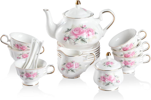 Sweejar Porcelain Tea Sets, Vintage British Floral Relief Gold Rimmed Teapot Cup and Saucer Set, Tea Set Service for 6, with Teapot, Sugar Bowl, Milk Jug, Spoons, Tea Cup and Saucer (Pink Flower)