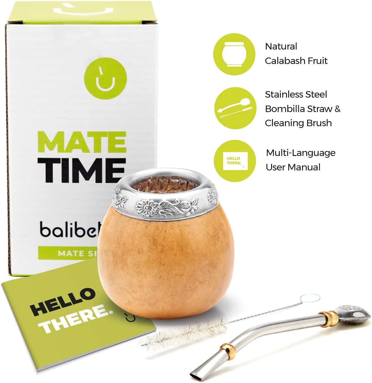 BALIBETOV Yerba Mate Gourd Set (Original Natural Handmade Yerba Mate Cup Argentina) - Includes Mate Tea Cup, Bombilla (Mate Straw) and Clean Brush - Classic Mate Cup and Bombilla Set (Suela)
