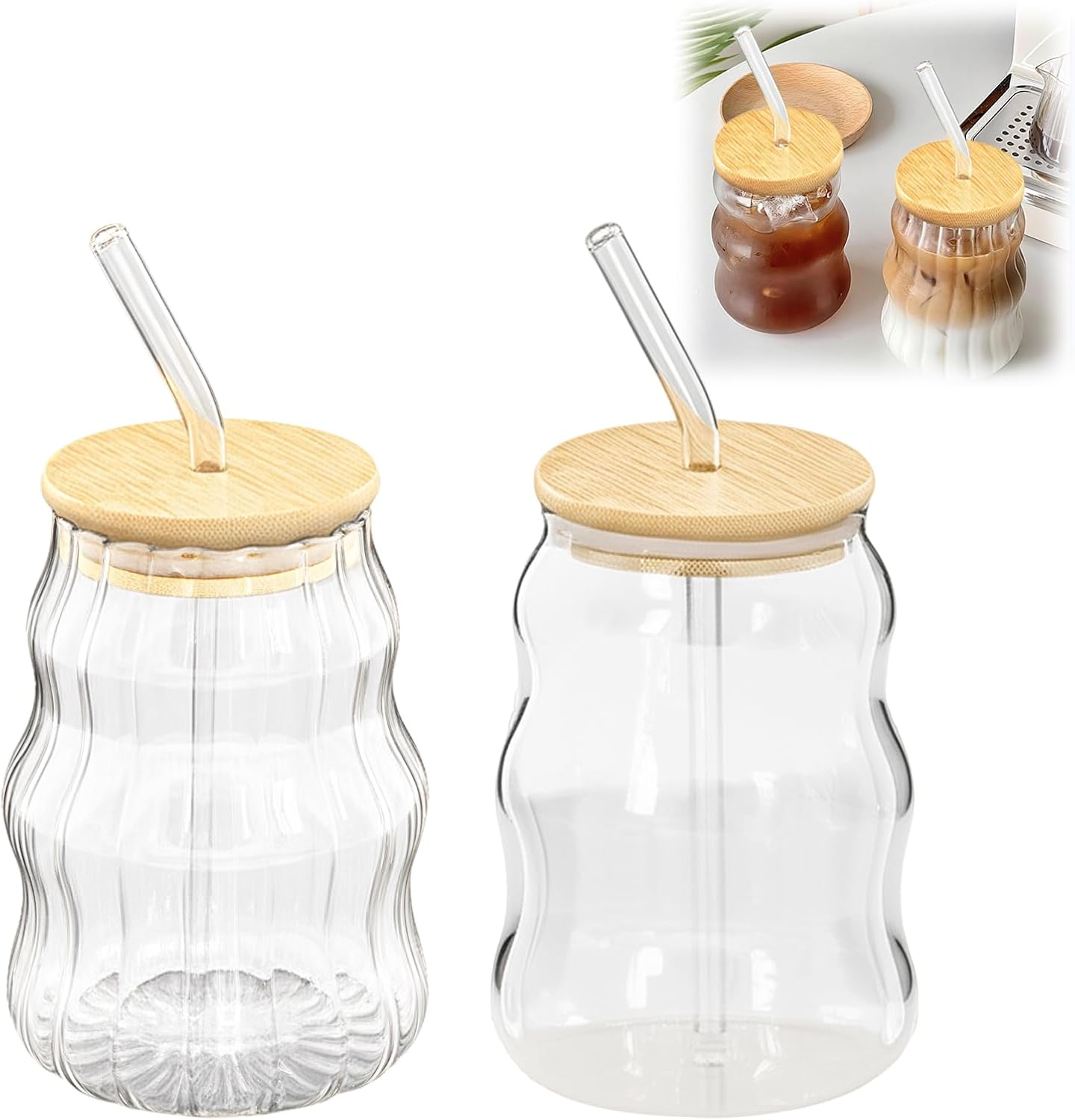 2 PCS Ribbed Cute Glass Cups,18 Oz Iced Coffee Glasses with Lids and Straws Iced Coffee Cups Glass