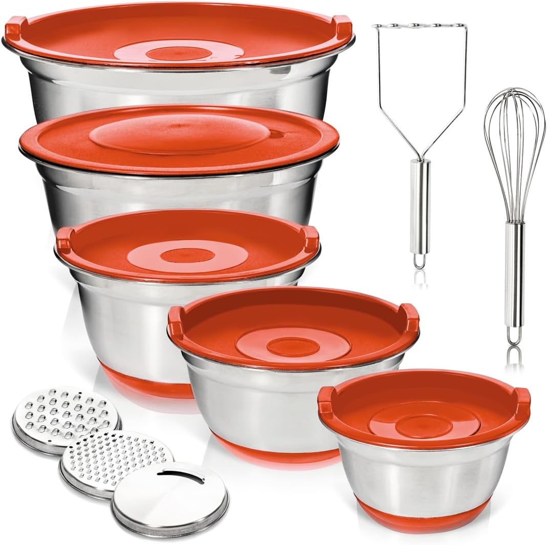 WHYSKO Stainless Steel Mixing Bowls with Lids Set - 5 Rustproof Metal Nesting Mixing Bowls for Kitchen, Meal Prep, Baking, Cooking, Storage - Includes 3 Grater Attachments, Dishwasher Safe