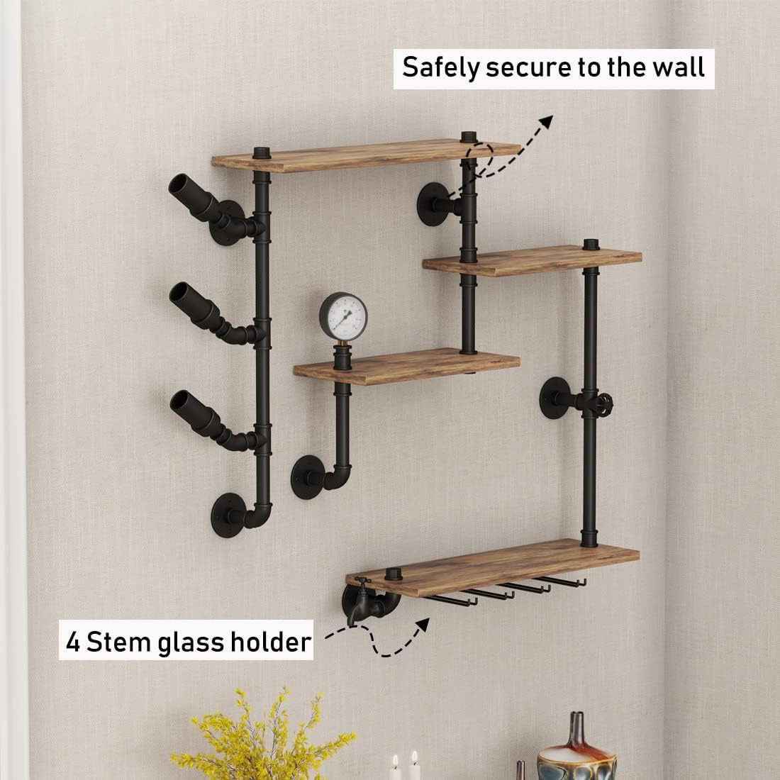 Wall Bar Shelves Industrial Pipe Shelving with 4 Stem Glass Holder, 4-Tiers Rustic Floating Wine Rack Wall Mounted Bar liquor Shelf, 42 in Hanging Wood Shelves Glass Rack, Living Room Kitchen Decor