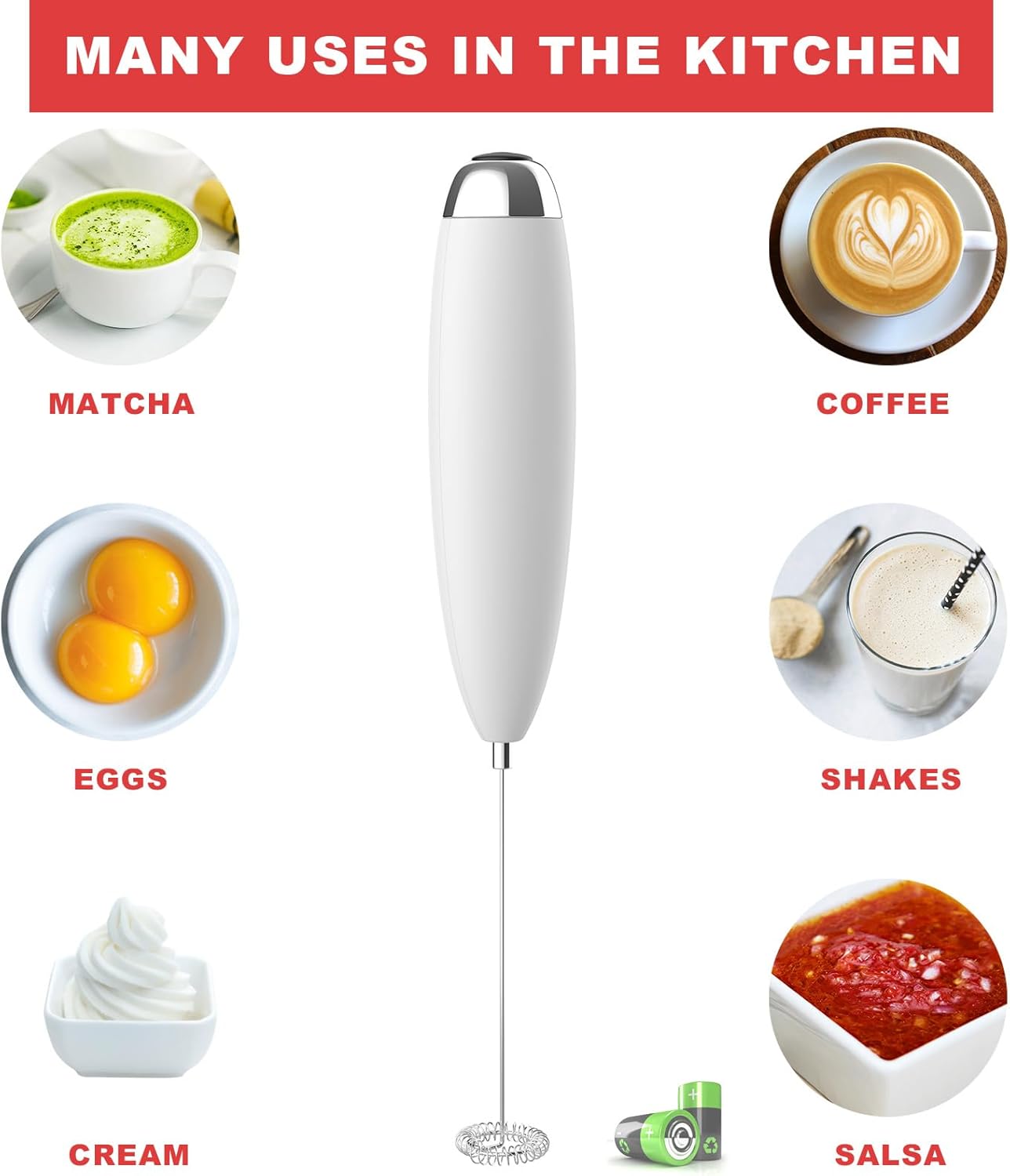 Frother Handheld for Coffee, Milk Frother Upgraded Matcha Whisk Drink Mixer Electric Mini Hand Mini Whisk Foamer Coffee Mixer for Lattes Cappuccino Frappe Matcha Hot Chocolate, White