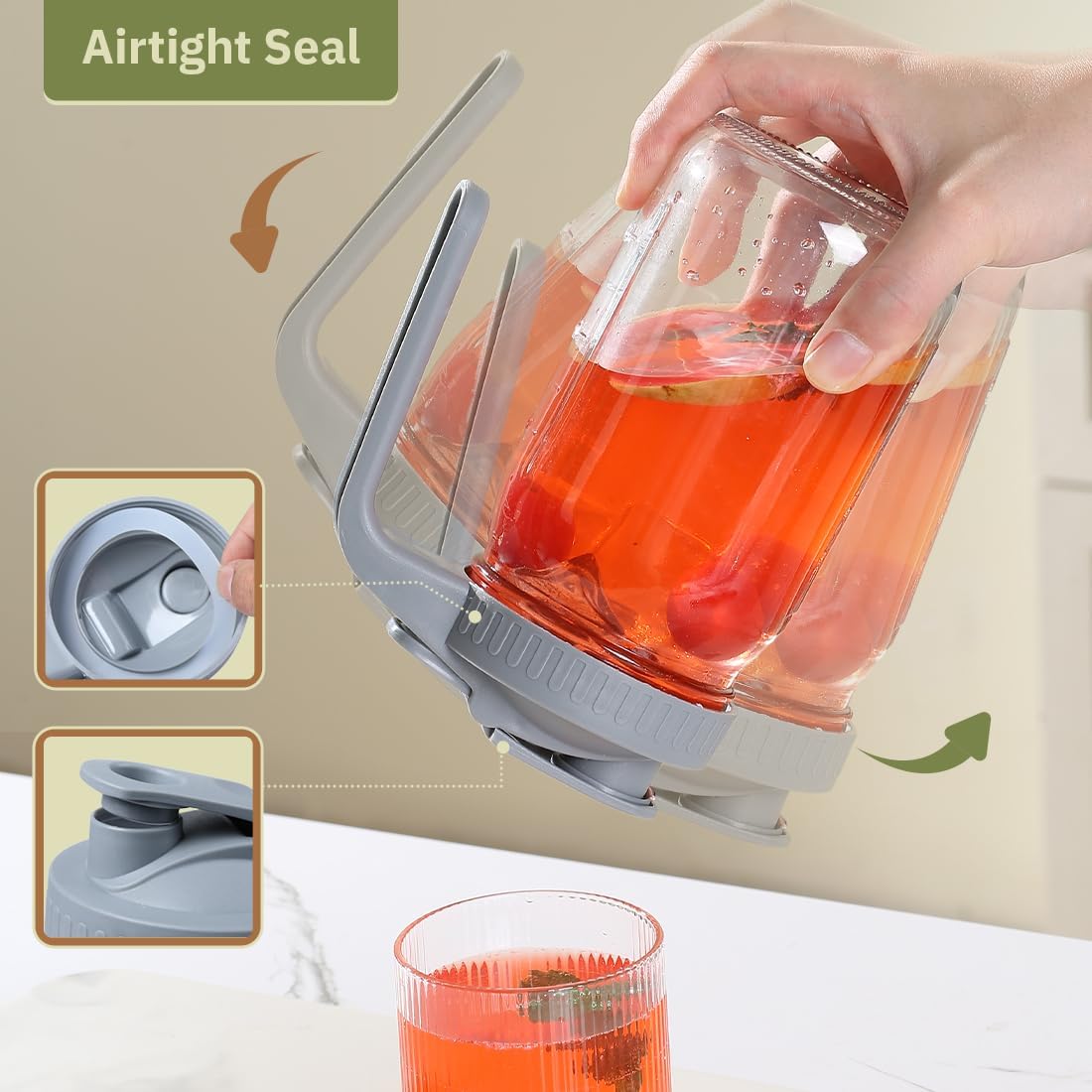 Glass Tea Pitcher with Wide Mouth Airtight Lid Leak Proof Fridge Container with Gray Lid Mason Jar for Water, Tea,Juice and Drinks (1 Pack-32OZ)