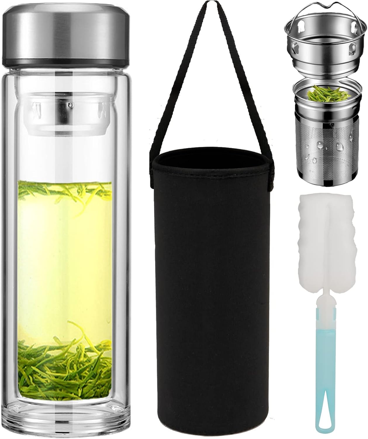 Tea Tumbler with Infuser, 34oz Tea Bottle with 2 in1 Infuser, Large Double Wall Borosilicate Glass Tea Bottle 100% Leak-Proof with Stainless Steel Filter