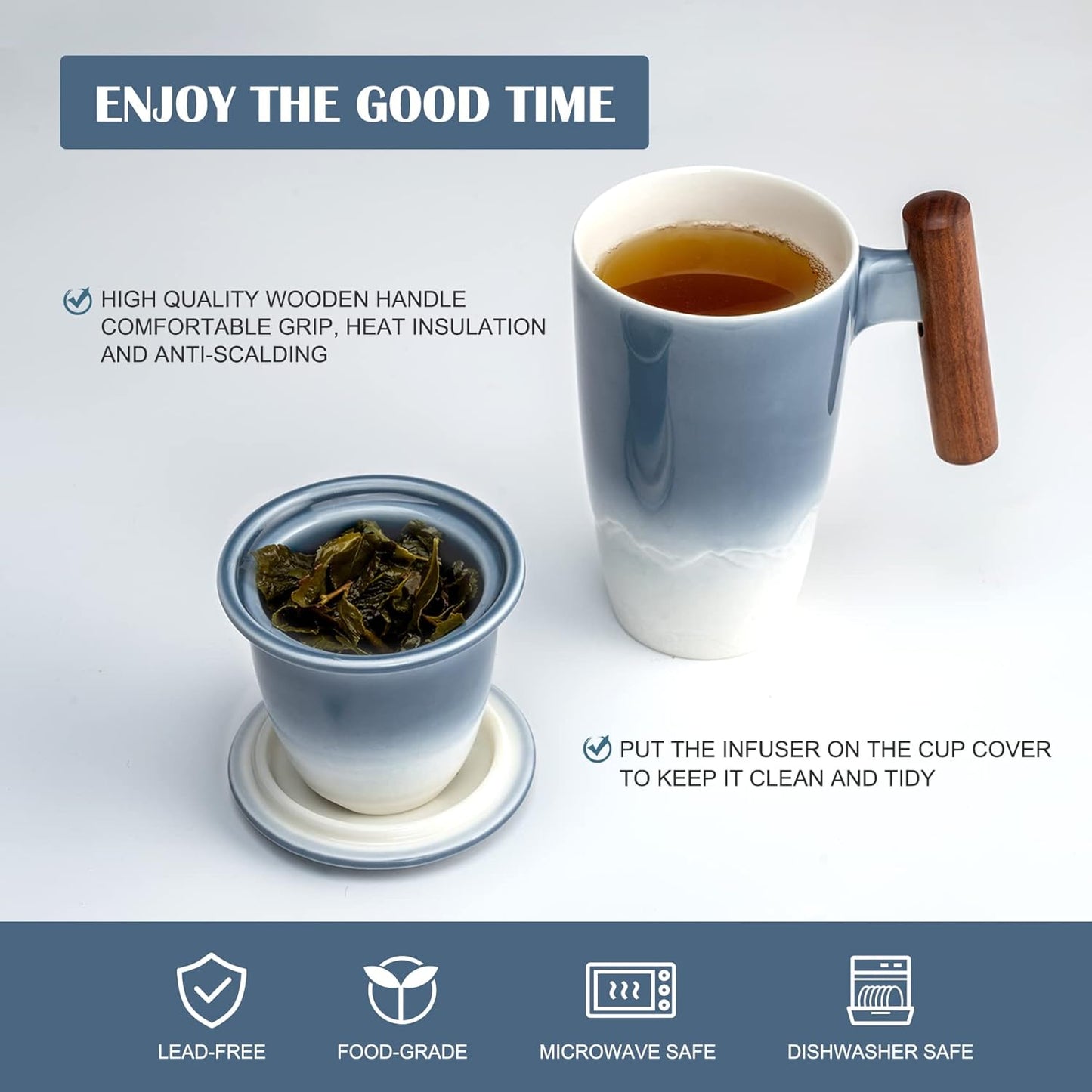 suyika Tomotime Tea Cup with Infuser and Lid 400ml Ceramic Tea Mugs Smooth Inner Wall Wooden Handle 13.5 oz,Blue