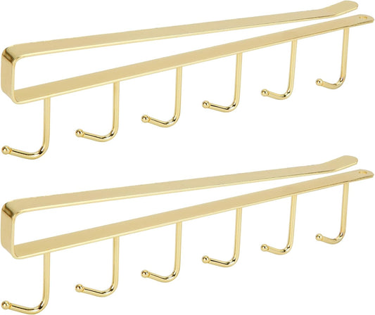 2pcs Mug Organizer for Kitchen Cabinets,Under-Shelf Coffee Cup Mug Rack with 6 Hooks,Fit for 1.1 Inch Thickness Shelf or Less,Suitable for Holder Hanger for Cups/Keys Storage/Scarf.Gold