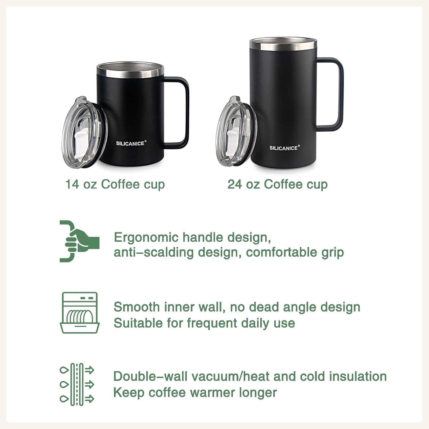 24 oz Stainless Steel Vacuum Insulated Tumbler with handle & MacSlider Lid, Dishwasher Safe & Spill Proof Coffee Cup, Travel Mug for Hot/Cold Drinks, Durable Design (Gray 2.4, 24 Oz)
