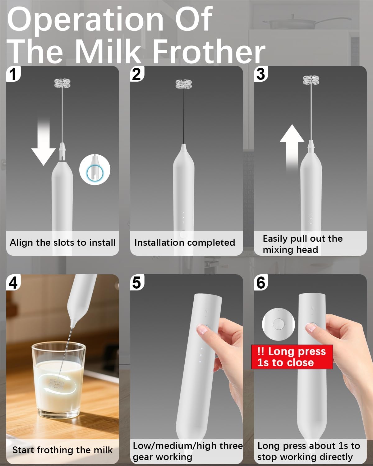 Rechargeable Milk Frother with Stand, Electric Frother Wand Handheld Coffee Foam Maker Detachable Stainless Steel Whisk Drink Mixer Foamer for Latte, Cappuccino, Hot Chocolate, Egg (White)