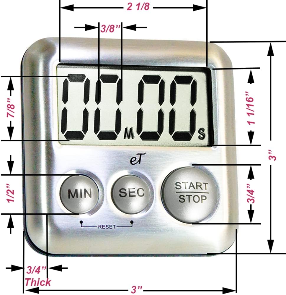 Elegant Digital Kitchen Timer Stainless Steel - Silver - Strong Magnetic Back - Kickstand - Loud Alarm - Large Display - Auto Memory - Auto Shut-Off - Model eT-26 (Silver) by eTradewinds