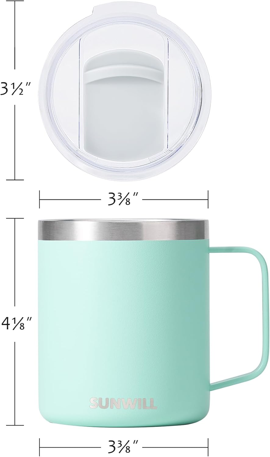 SUNWILL Insulated Coffee Mug with Lid, Travel Tumbler with Handle, 14 oz Stainless Steel Cup for Camping, Office, Home, Powder Coated Mint