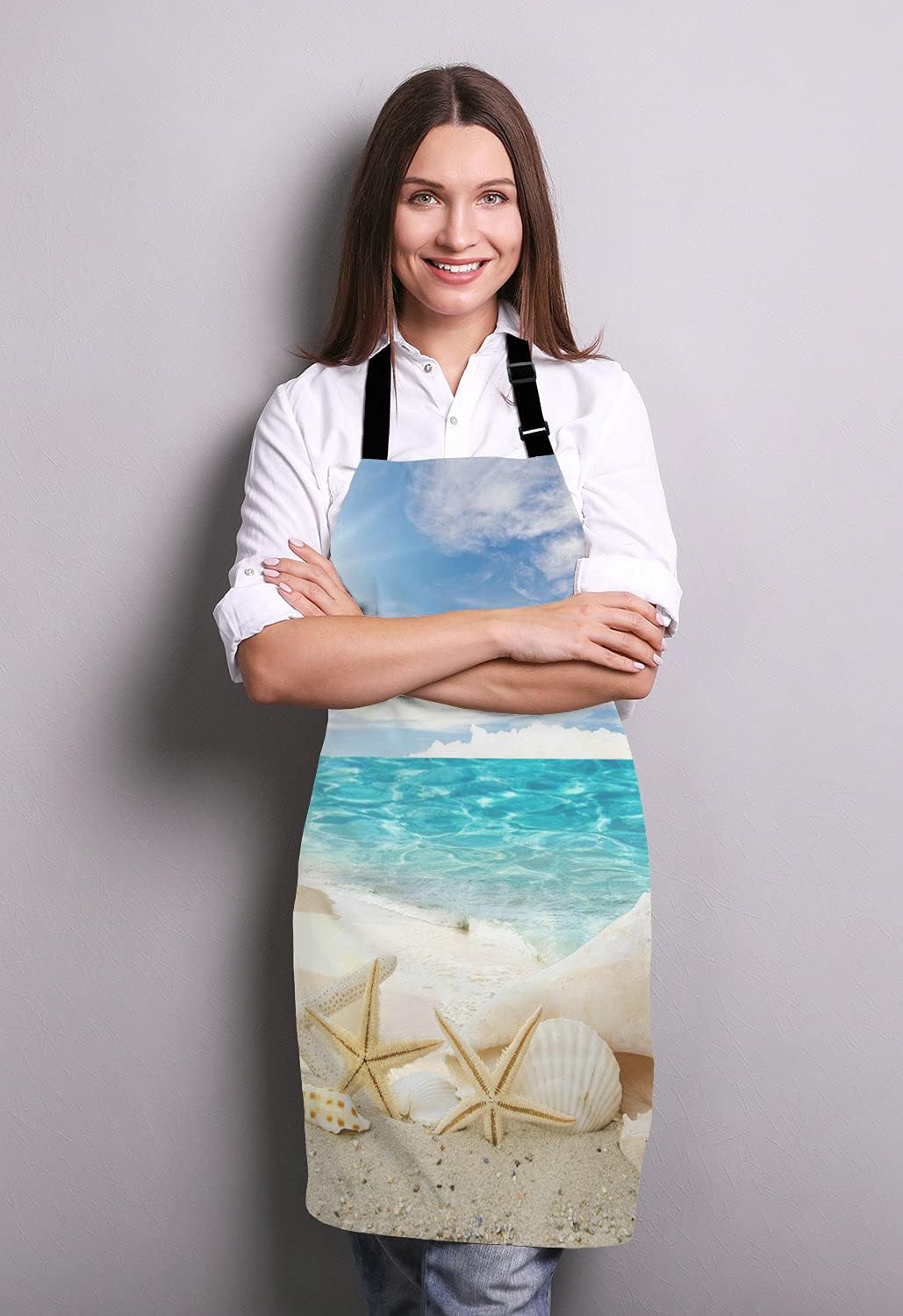 Caribbean Samana Beach Adjustable Bib Apron, Starfish Sea Shells Cooking Kitchen Apron for Men Women