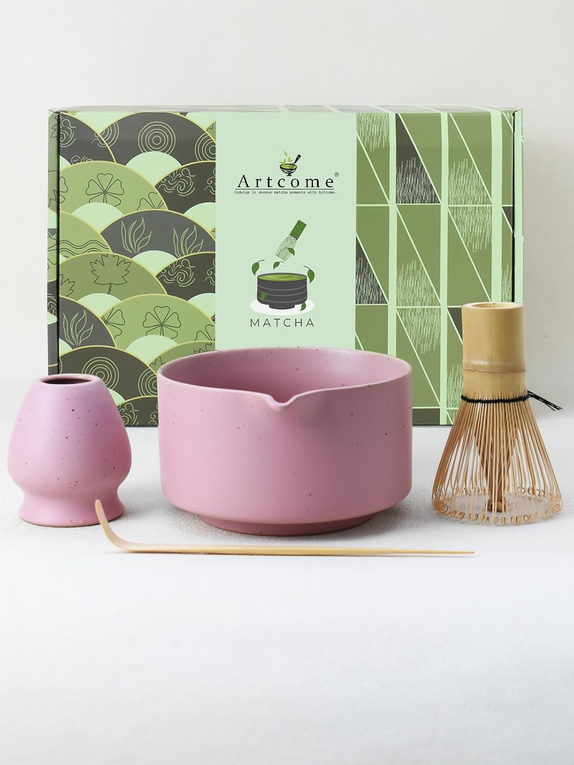 Artcome Matte Pink Matcha Bowl Set with Spout – Handmade Ceramic Chawan, Bamboo Whisk, Whisk Holder, Tea Scoop, and Matcha Manual – Japanese Tea Ceremony Set for Matcha Lovers
