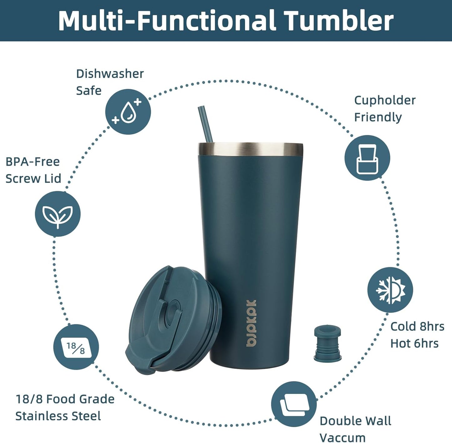 BJPKPK 22oz Stainless Steel Insulated Tumbler With lid And Straw Travel Coffee Thermal Tumblers Cup For Women And Men,Navy Blue