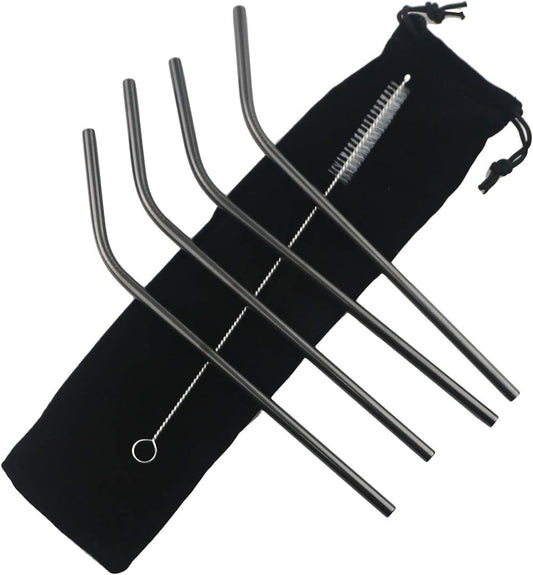 Gugrida Metal Straws Stainless Steel Straws 8.5" Drinking Straws Reusable 4 Set - Ultra Long Muti Color-Cleaning Brush for 20/30 Oz for Trail Tumblers Yeti RTIC SIC Ozark (4 Bent|1 Brush）