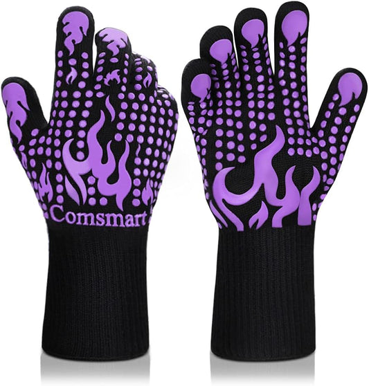 Comsmart BBQ Gloves, 1472 Degree F Heat Resistant Grilling Gloves Silicone Non-Slip Oven Gloves Long Kitchen Gloves for Barbecue, Cooking, Baking(Purple)