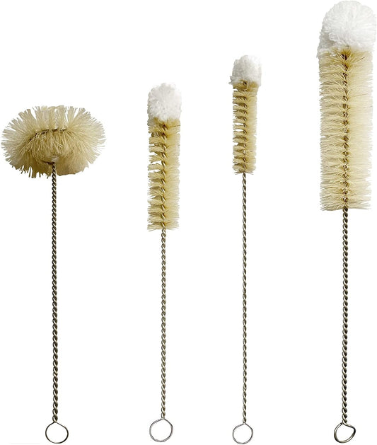 Coralpearl Bottle Brushes Thin Long Handle X 4, Skinny Wire Cleaner Set in Stainless Steel with Natural Boar Bristle at Wool Tip, Bendable Flexible for Cleaning Narrow Neck Bottles, Pipe, Tube, Hose