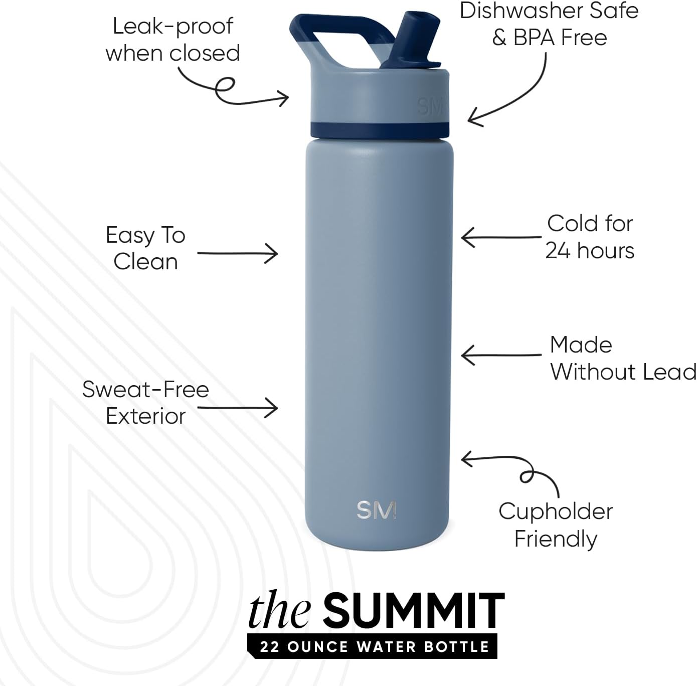 Simple Modern Water Bottle with Straw Lid | Vacuum Insulated Stainless Steel Metal | Reusable Leak Proof BPA-Free Cup for School | Summit Collection | 22oz, Blue Dune
