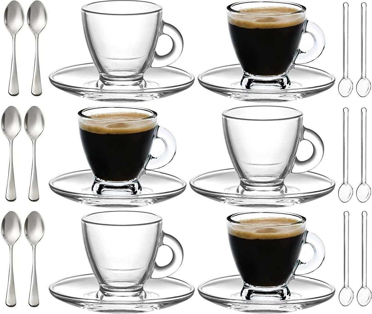 BOHEM'S Espresso Cups, 3.2 oz Small Demitasse Clear Glass Espresso Drinkware, Set Of Cups, Saucers and Stainless Steel mini Spoons + Free Glass Spoons (Set of 6)