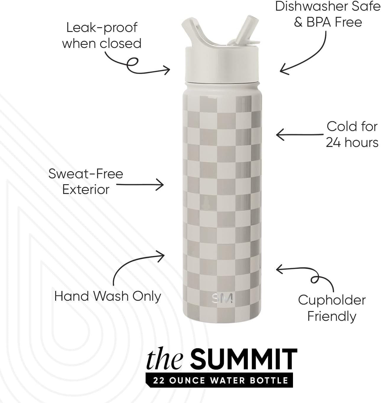 Simple Modern Water Bottle with Straw Lid Vacuum Insulated Stainless Steel Metal Cup Bottles | Reusable Leak Proof BPA-Free Flask for Gym Sports | Summit Collection | 22oz, Checkmate
