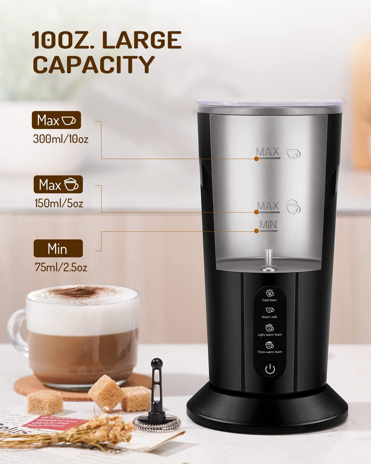 4-in-1 Electric Milk Frother and Steamer, Milk Steamer and Cold Foam Maker, Hot Chocolate Maker, Frother for Coffee, Latte, Macchiato, Cappuccino, BPA Free, Black