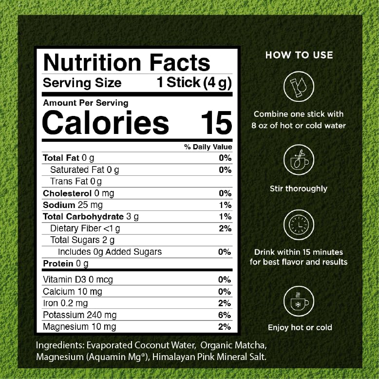VitaCup Hydration Matcha Instant Packets, for Natural Energy and Detox, w/Electrolytes, Ceremonial Grade Organic Matcha, Coconut Water, Pink Himalayan Salt, Magnesium, in Single Serve Sticks, 20 Ct