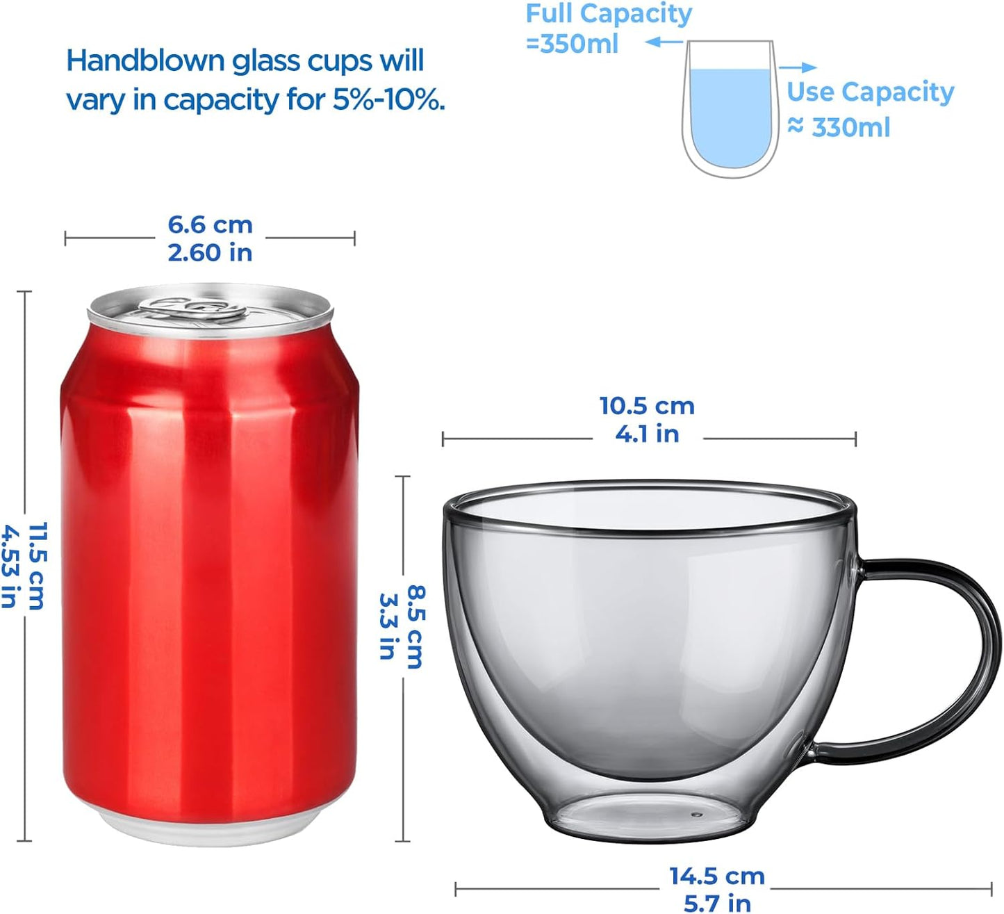 ecooe Black Double Walled Glass Coffee Mug 12 oz Latte Cappuccino Cups Set of 2 Coffee Cups with Handle, Heat Resistant Double Wall Glass Cup for Tea Milk Juice Ice Cream, Birthday Gifts for Mum Dad