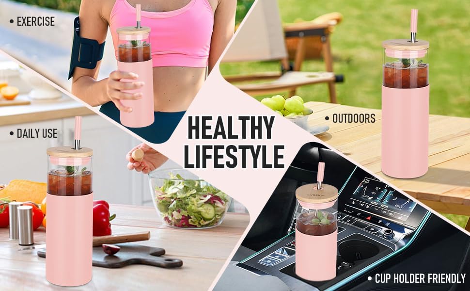 2Pack Glass Tumbler w/Lid &Straw - 24oz Reusable Glass Mug/Bamboo Lid & Stainless Steel Straw -BPA Free, Leak-Proof, Dishwasher Safe for Coffee, Smoothies, Hot Beverage, Travel, Office, Home Use