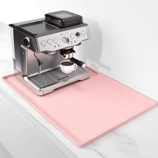 Rnivvi Silicone Coffee Mat, 16" x 24" Waterproof Raised Edge Coffee Bar Mats for Espresso Machine Station Accessories, Heat Resistant Dish Drying Pad for Kitchen Counter, Rubber Bar Decor Pad, Pink