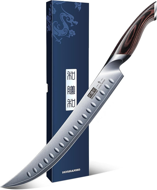 Carving Slicing Knife, 10 Inch Japanese High Carbon Steel Brisket Knife with Ergonomic Pakkawood Handle, Razor Sharp Curved Butcher Breaking Knives for Meat Cutting