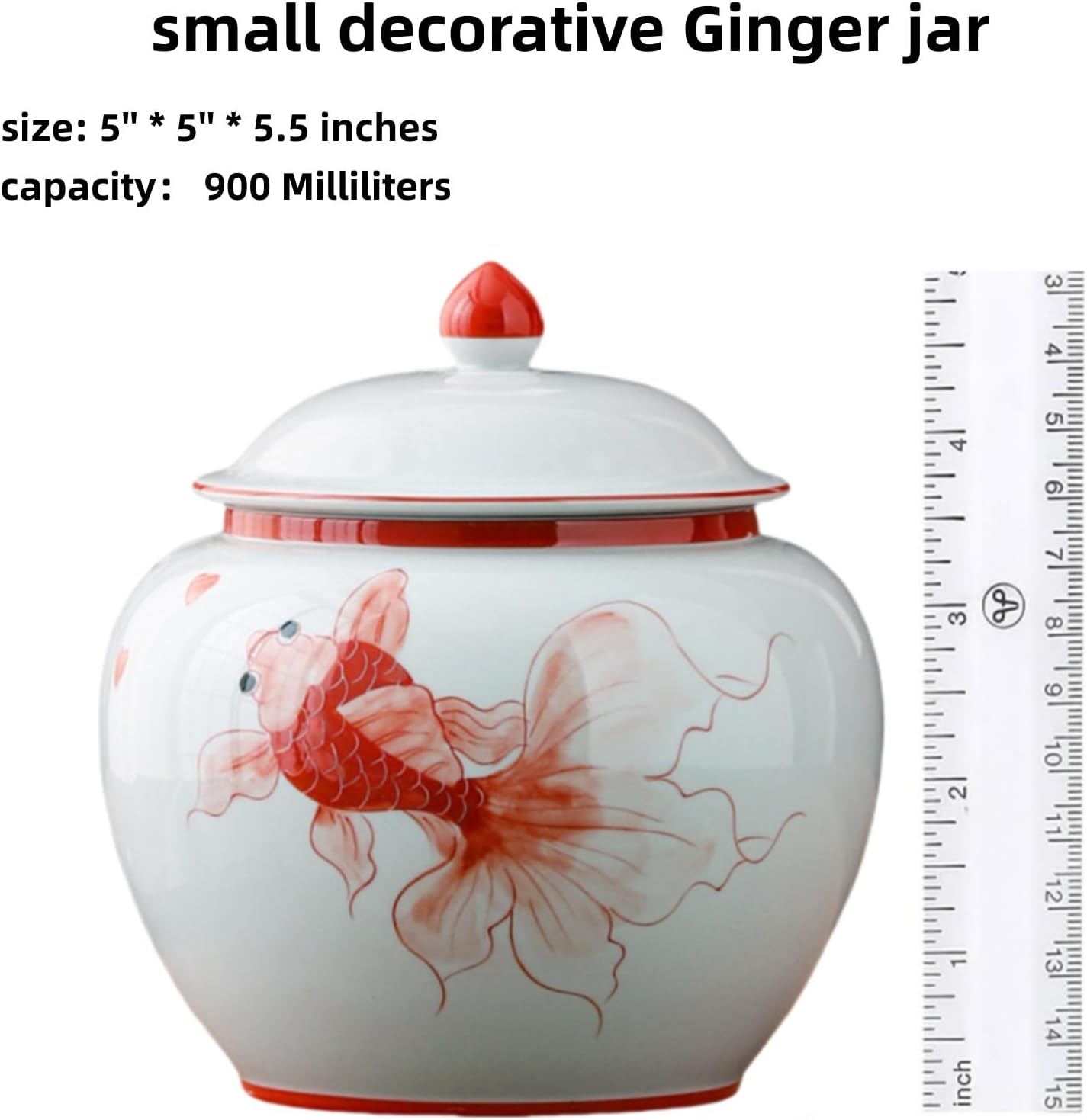 5 inches Ginger jar Lid - red fish decorative Ceramic Ginger jar vase with Lid， chinoiserie gift koi decor small jars for Home decor/jewelry/Tea/coffee beans/Storage
