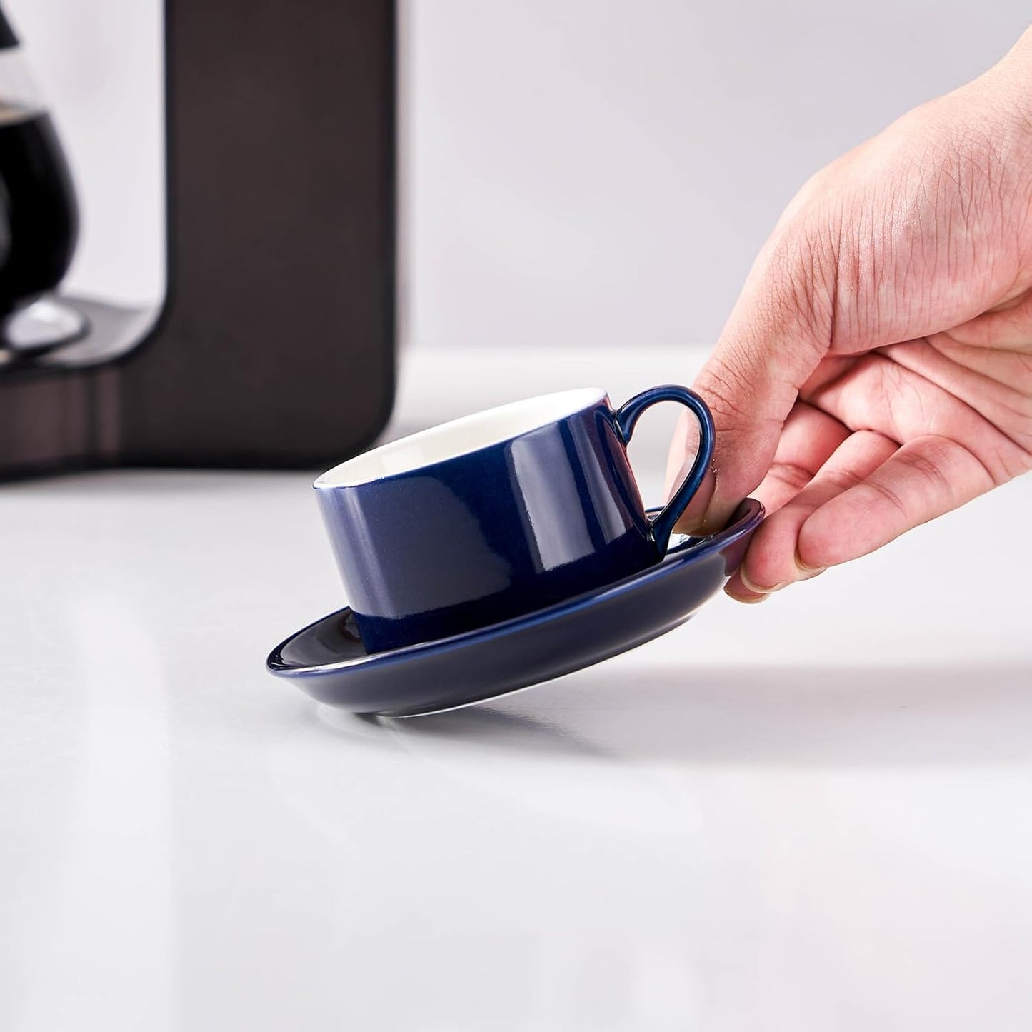 2.5oz Porcelain Stackable Espresso Cups with Saucers and Metal Stand Set of 4, Stackable Cappuccino Cups, Blue Expresso Shots Cup Set for Coffee Drinks, Latte, Tea