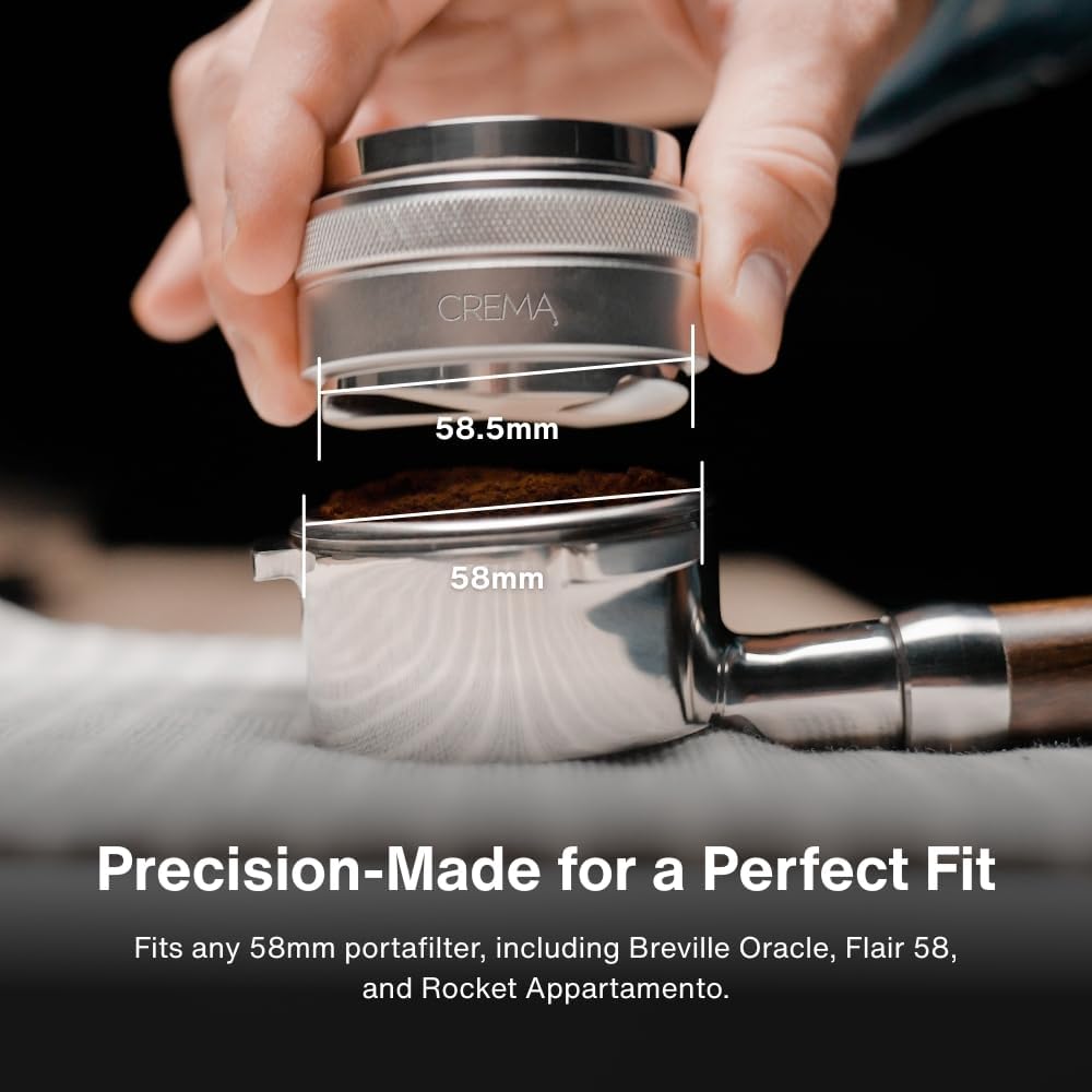 Crema Coffee Products 58mm Hand Tamper & Coffee Distributor | Compatible with Flair Pro and Pro 2 Portafilter | Double-Sided, Adjustable Depth Tool | Made with Durable 304 Stainless Steel | Silver