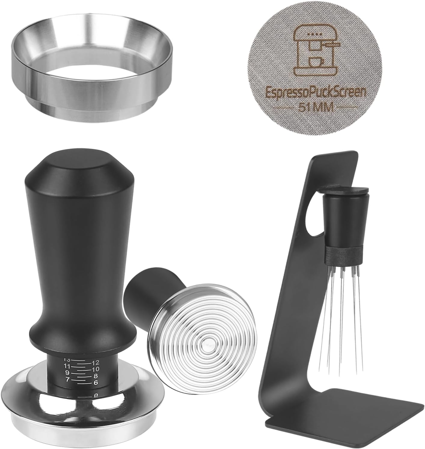51mm Espresso Tamper Set - Dual-Spring Calibrated Coffee Tamper, 8-Needle WDT Tool Espresso Distribution Tool, Magnetic Aluminum Dosing Funnel, Reusable Puck Screen, Fit for 51mm Portafilters