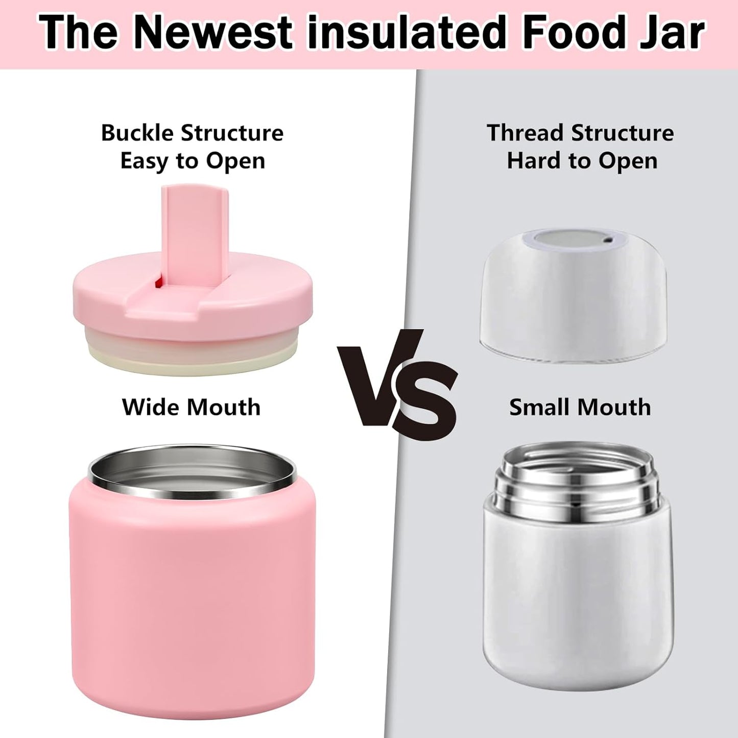 26oz Kids Thermos for Hot Food, Insulated Vacuum Food Jar with Buckle Lid, Stainless Steel Wide Mouth Leak Proof Insulated Lunch Container for School Picnic Travel, Pink