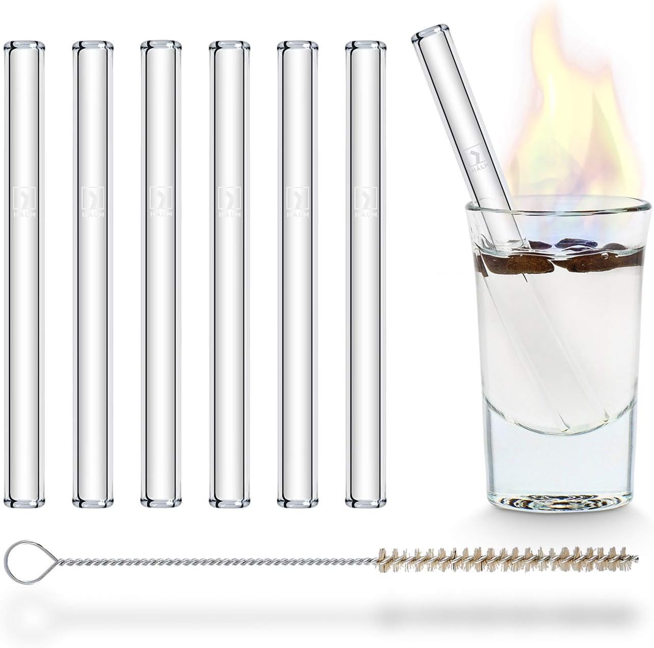 HALM Glass Straws - 6 Reusable 4 Inch Short Drinking Straws + Plastic-Free Cleaning Brush Perfect for B52 and Shot Glasses or Blowing Tubes & Paraphernalia - Dishwasher Safe - Eco-Friendly – Straight