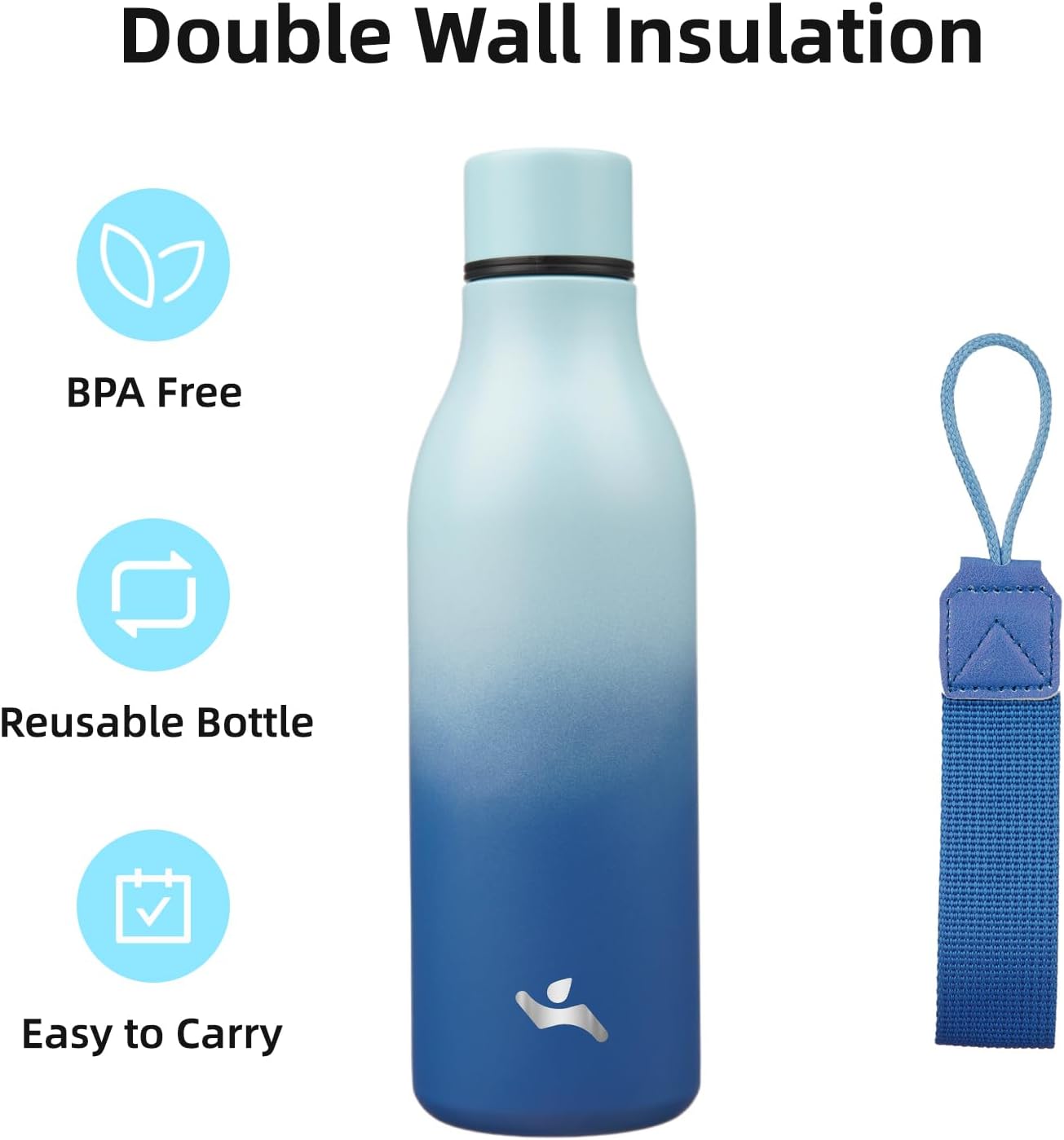 Insulated Water Bottle with Strap,18 oz Double Wall Stainless Steel Vacuum Bottles Metal Water Flask,Sky