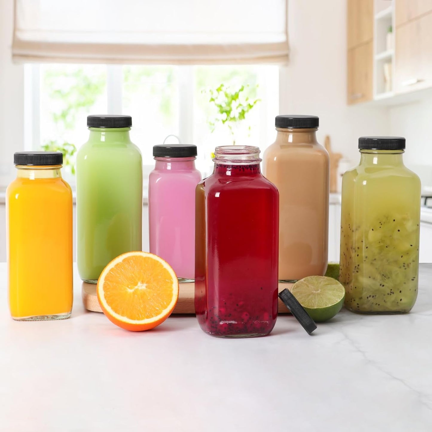 SZUAH 8 oz Glass Juice Bottles with Lids 6 Pack,Reusable Water Bottle,Juicing Bottles for Smoothies, Milk, Storage, Small and portable(240ml，Set of 6)