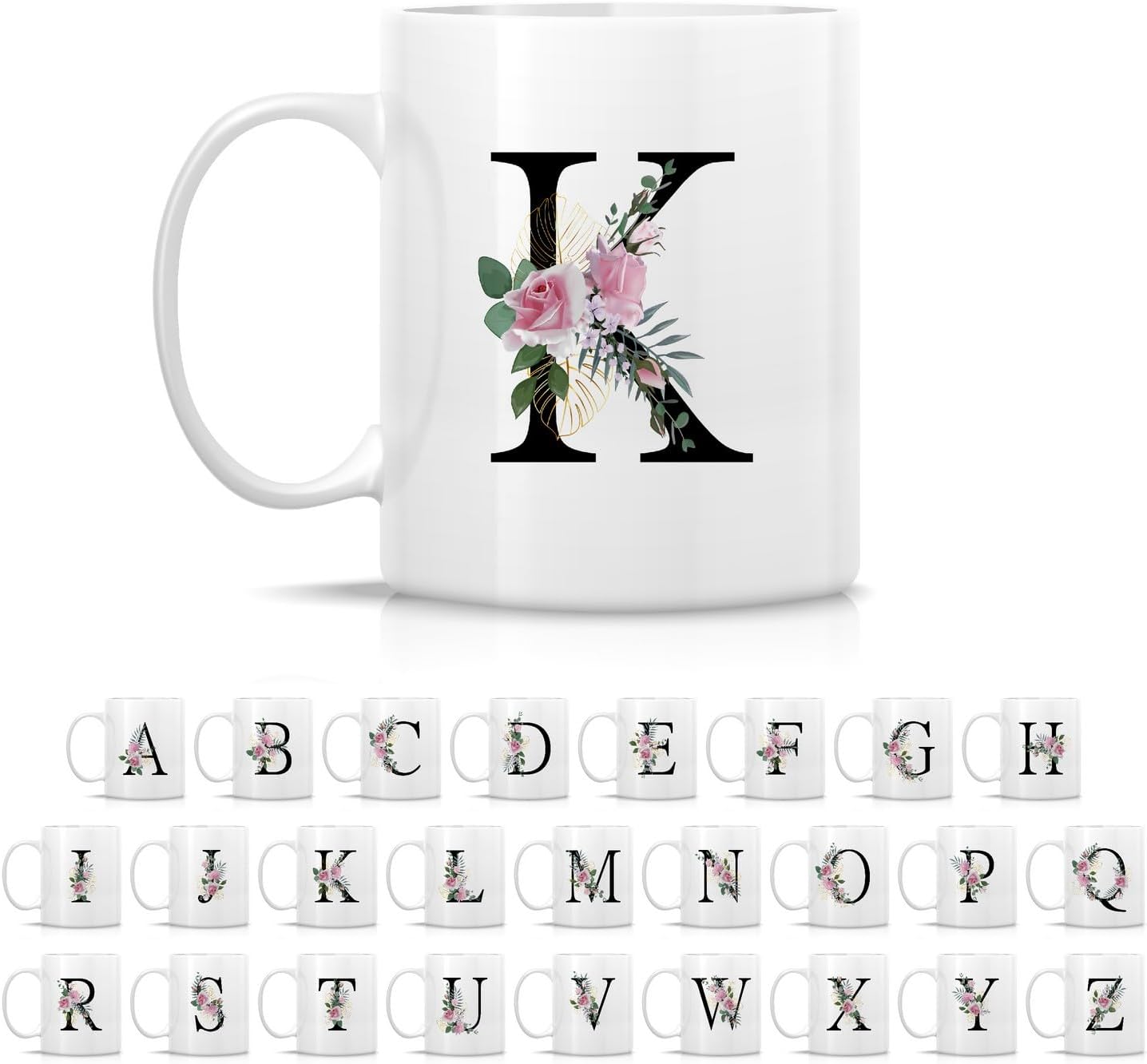 Retreez Initial A-Z Floral Botanical Bouquet Alphabet Monogrammed Monogram Mug 11 Oz Ceramic Tea Coffee Mugs - Appreciation Thank You Wedding Birthday Gifts for her friend coworker sister - K Initial