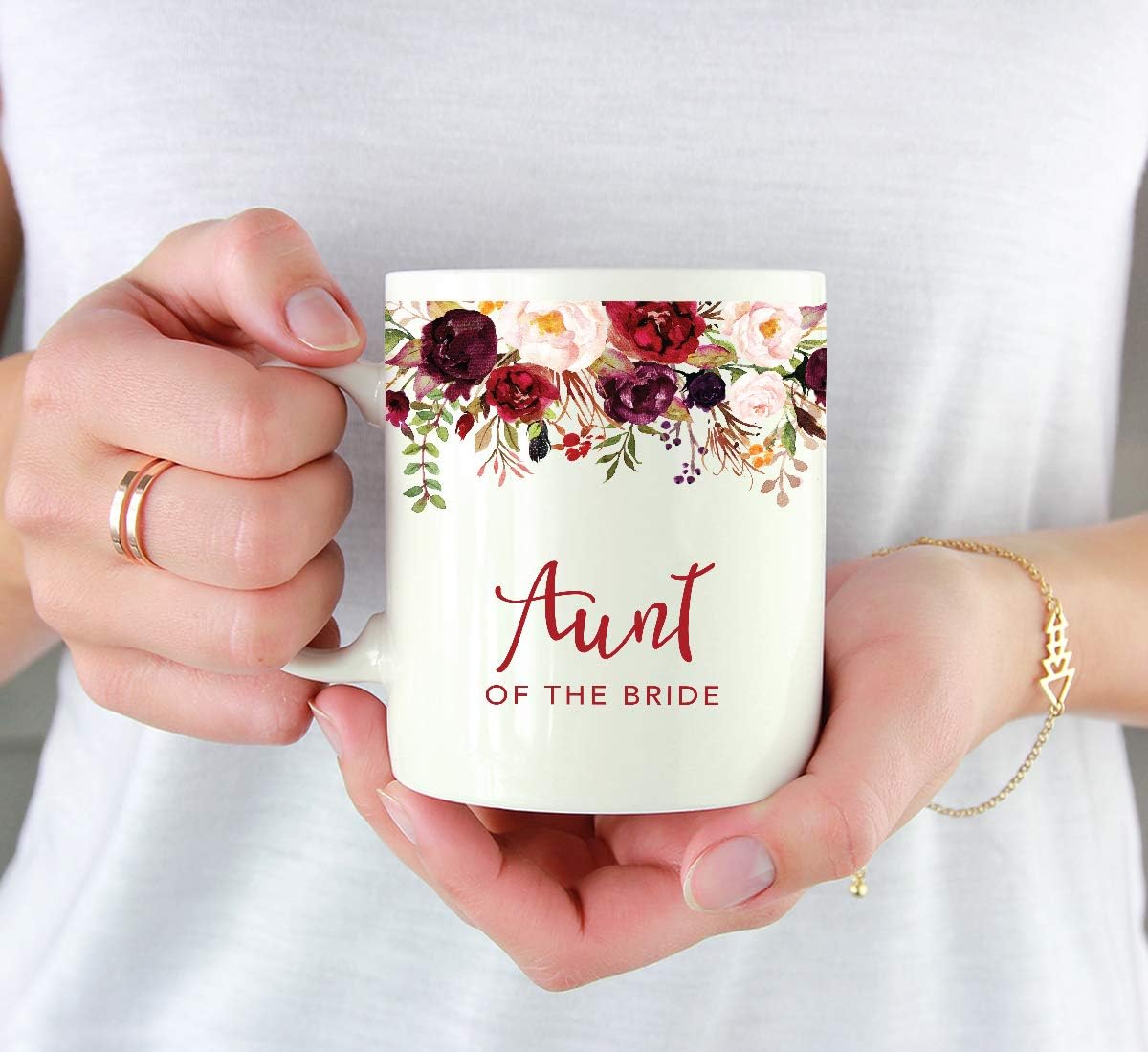 Andaz Press 11oz. Wedding Ceramic Coffee Tea Mug Gift, Fall Autumn Marsala Burgundy Flowers Roses Florals, Aunt of the Bride, 1-Pack, Includes Gift Box