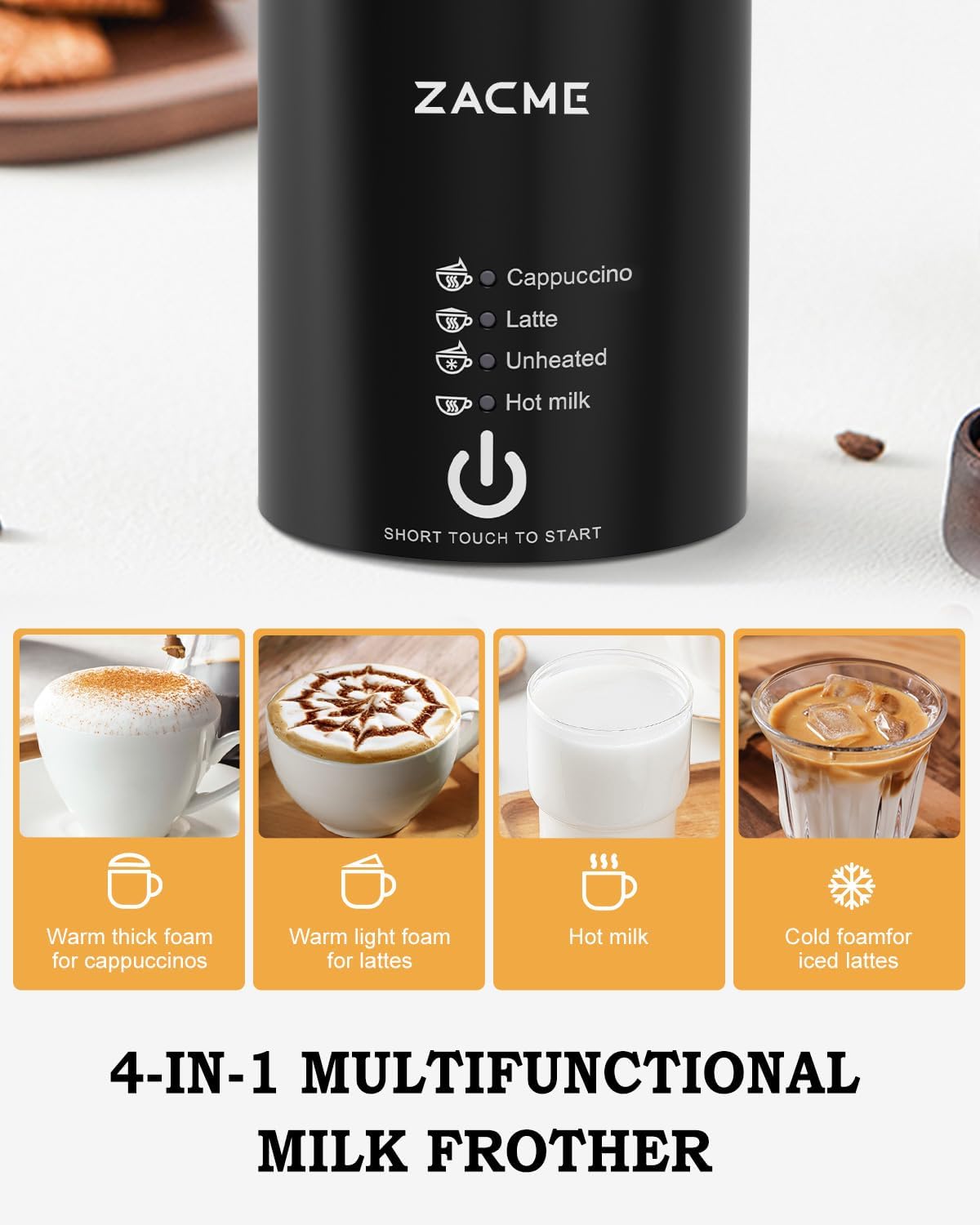 ZACME Milk Frother, 4 in 1 Electric Milk Steamer, Automatic Hot and Cold Foam Maker and Milk Warmer for Coffee, Latte, Cappuccino,Hot Chocolate, Macchiato