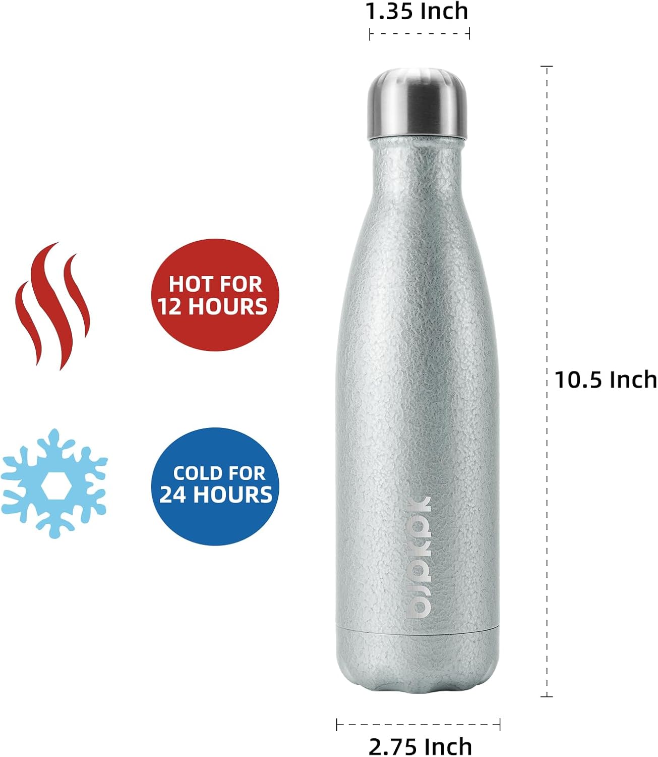 BJPKPK Insulated Water Bottles 17oz, Leak Proof Stainless Steel Water Bottle Keeps Cold for 24H and Hot for 12H, BPA Free,Silver