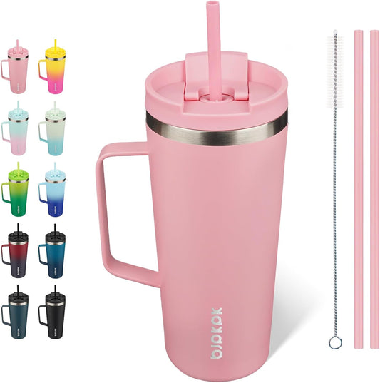 BJPKPK Insulated Tumbler with Handle, 22oz Insulated Tumblers with Lid and Straw, Stainless Steel Metal Water Bottles, Coffee Travel Mugs, Cups, Light Pink